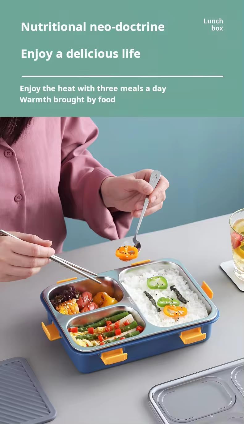 3 Compartment Stainless Steel Lunch Box, Leakage Proof Lunch Box for School Kids and Adults Pack of 1 Blue,750ML