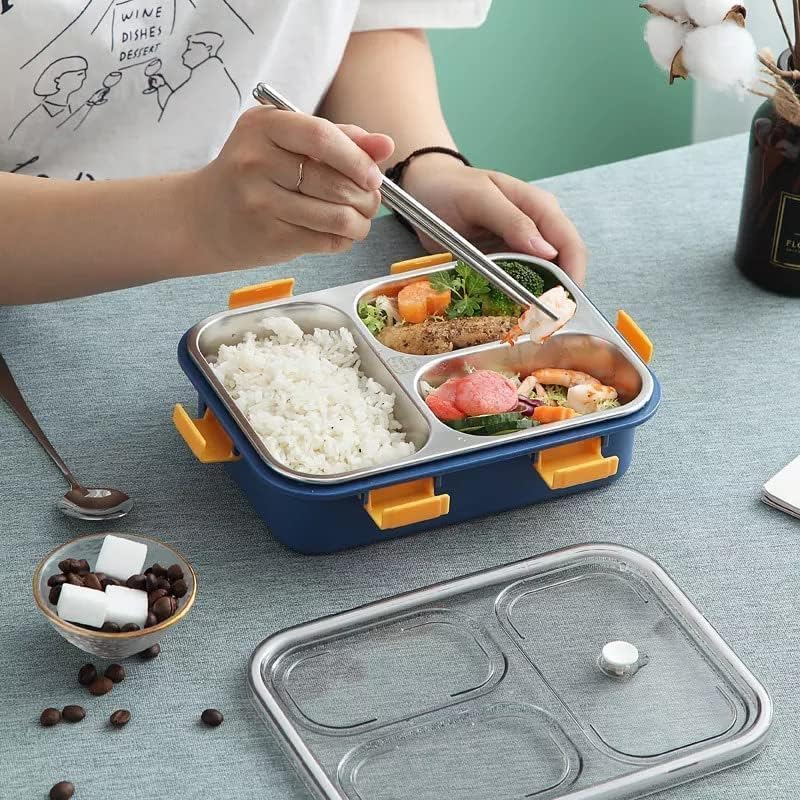 3 Compartment Stainless Steel Lunch Box, Leakage Proof Lunch Box for School Kids and Adults Pack of 1 Blue,750ML