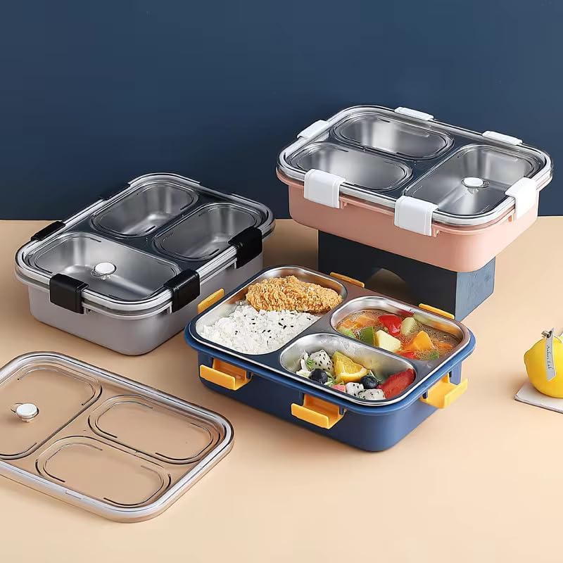 3 Compartment Stainless Steel Lunch Box, Leakage Proof Lunch Box for School Kids and Adults Pack of 1 Blue,750ML