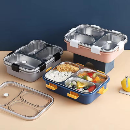 3 Compartment Stainless Steel Lunch Box, Leakage Proof Lunch Box for School Kids and Adults Pack of 1 Blue,750ML