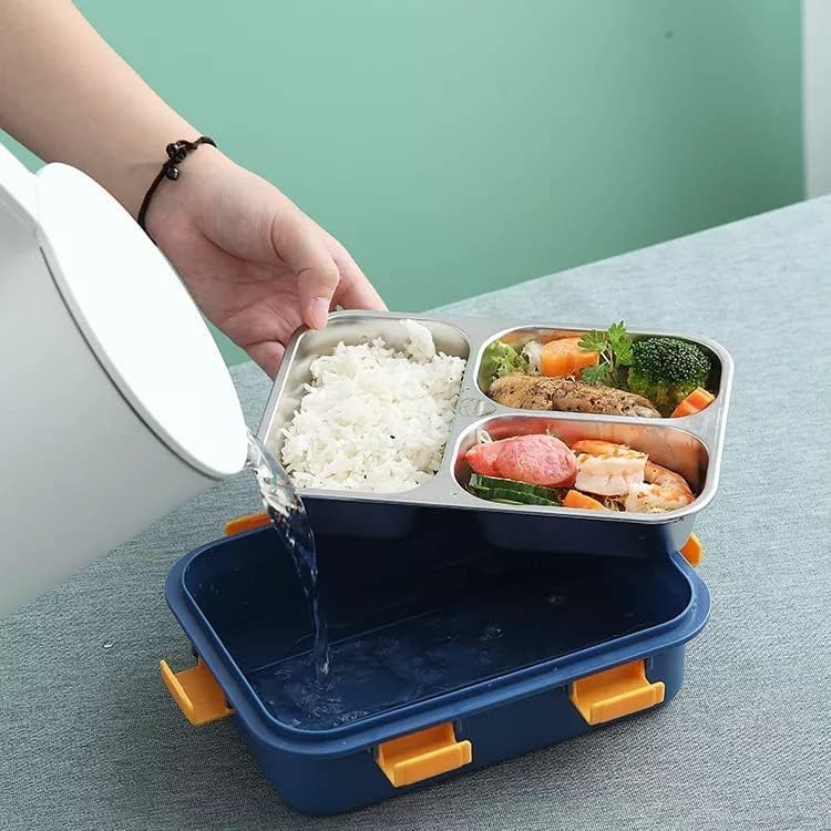3 Compartment Stainless Steel Lunch Box, Leakage Proof Lunch Box for School Kids and Adults Pack of 1 Blue,750ML