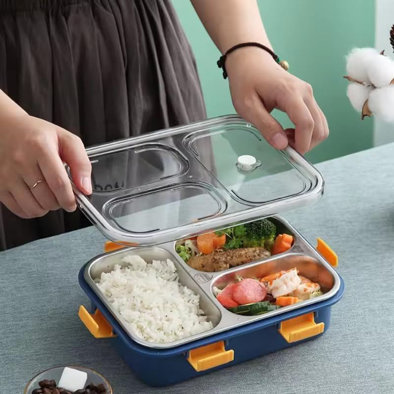 3 Compartment Stainless Steel Lunch Box, Leakage Proof Lunch Box for School Kids and Adults Pack of 1 Blue,750ML
