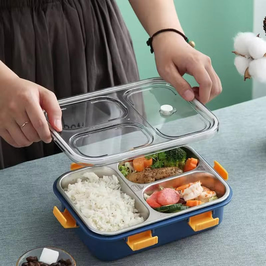 3 Compartment Stainless Steel Lunch Box, Leakage Proof Lunch Box for School Kids and Adults Pack of 1 Blue,750ML