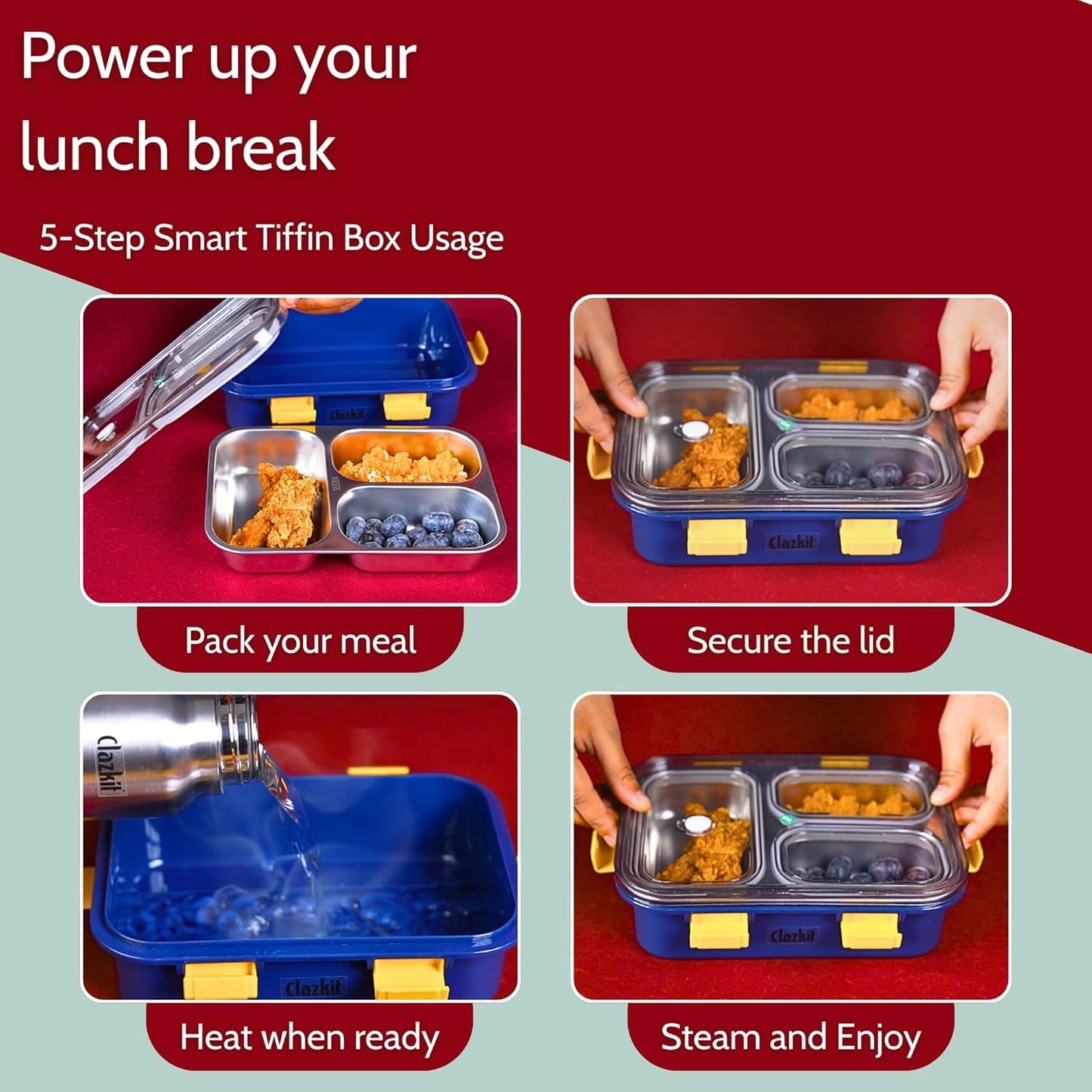 3 Compartment Stainless Steel Lunch Box, Leakage Proof Lunch Box for School Kids and Adults Pack of 1 Blue,750ML