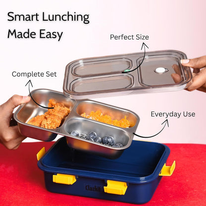 3 Compartment Stainless Steel Lunch Box, Leakage Proof Lunch Box for School Kids and Adults Pack of 1 Blue,750ML
