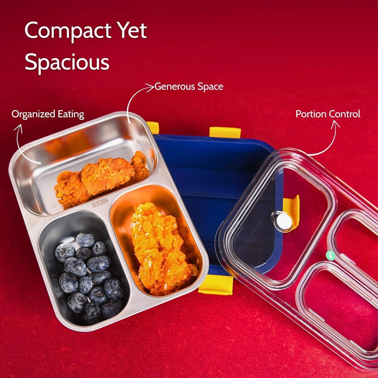 3 Compartment Stainless Steel Lunch Box, Leakage Proof Lunch Box for School Kids and Adults Pack of 1 Blue,750ML