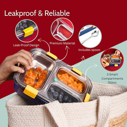 3 Compartment Stainless Steel Lunch Box, Leakage Proof Lunch Box for School Kids and Adults Pack of 1 Blue,750ML