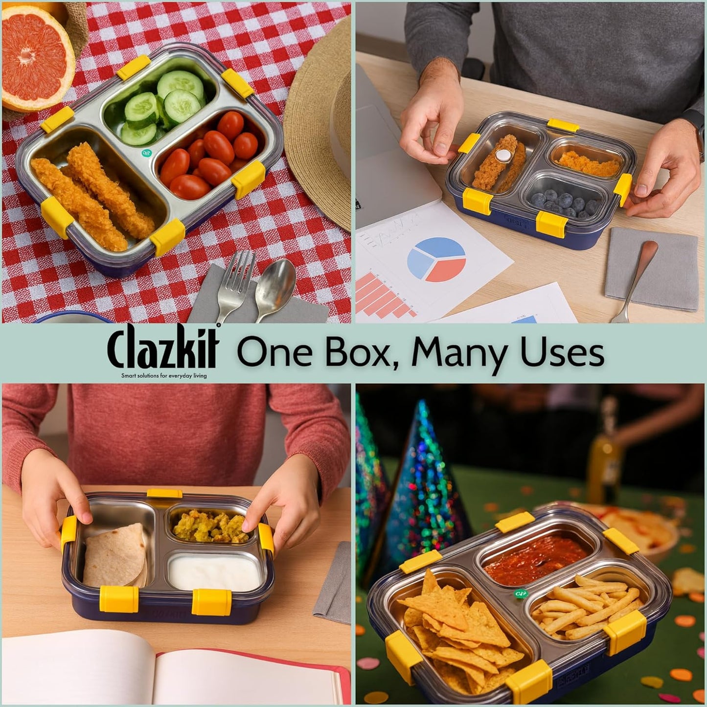 3 Compartment Stainless Steel Lunch Box, Leakage Proof Lunch Box for School Kids and Adults Pack of 1 Blue,750ML